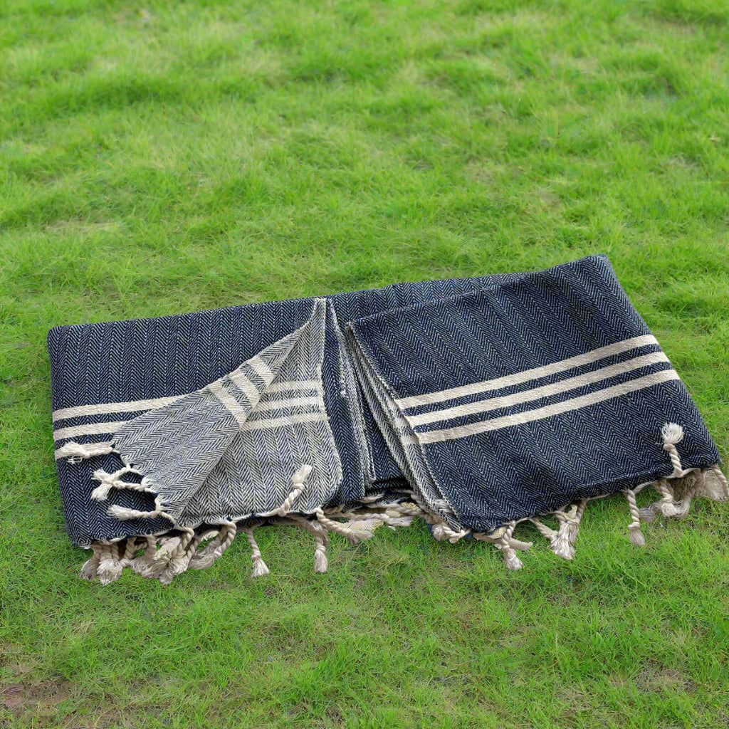 classic Turkish towel in navy blue and cream colors