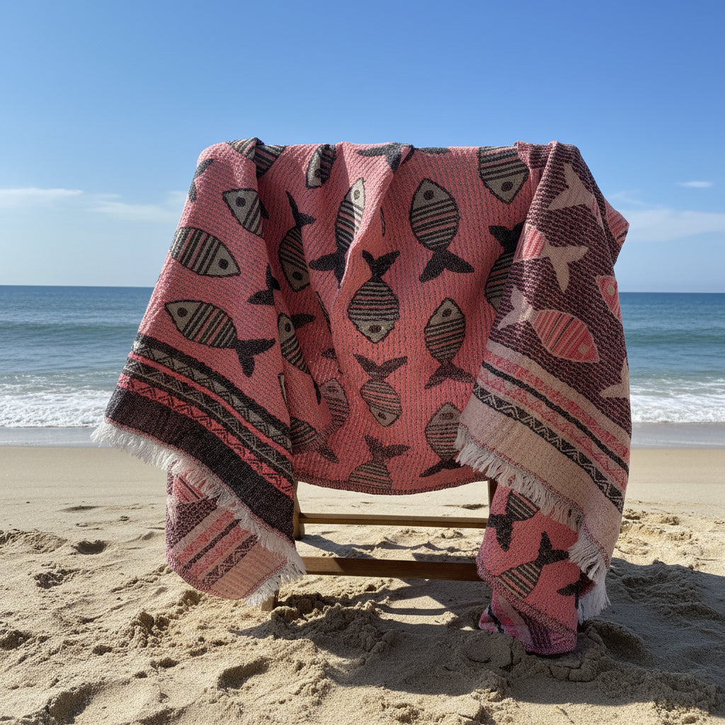 Pink blanket with fish pattern draped over a chair outdoors