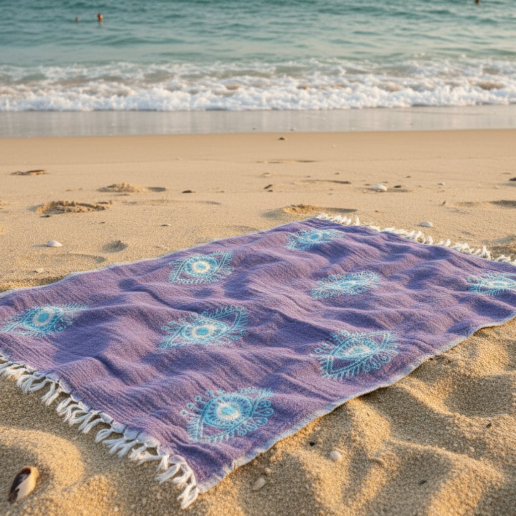 Purple towel with blue eye design
