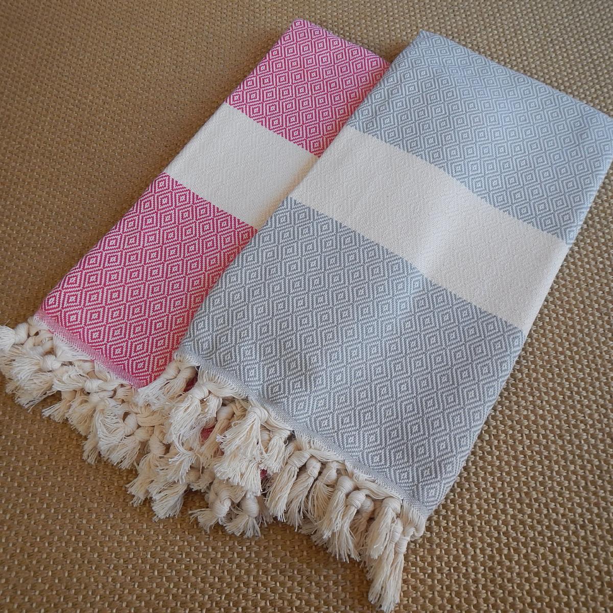  Peshtemal , Fouta, diamond design Turkish Towel in pink and grey